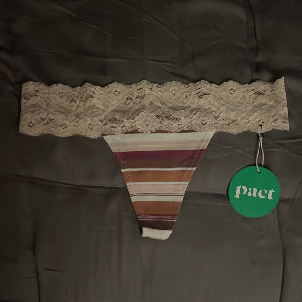 NWT Pact Organic Cotton Neutral Wide Stripe Lace-Waist Thong S
